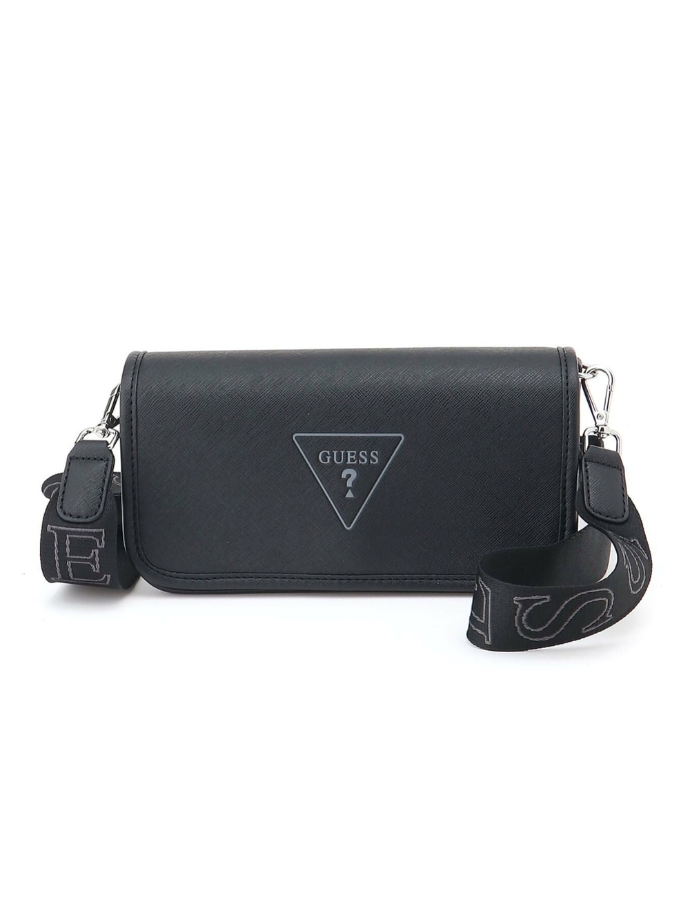 Guess Black Saffiano Logo-Front Messenger Bag with Logo Strap